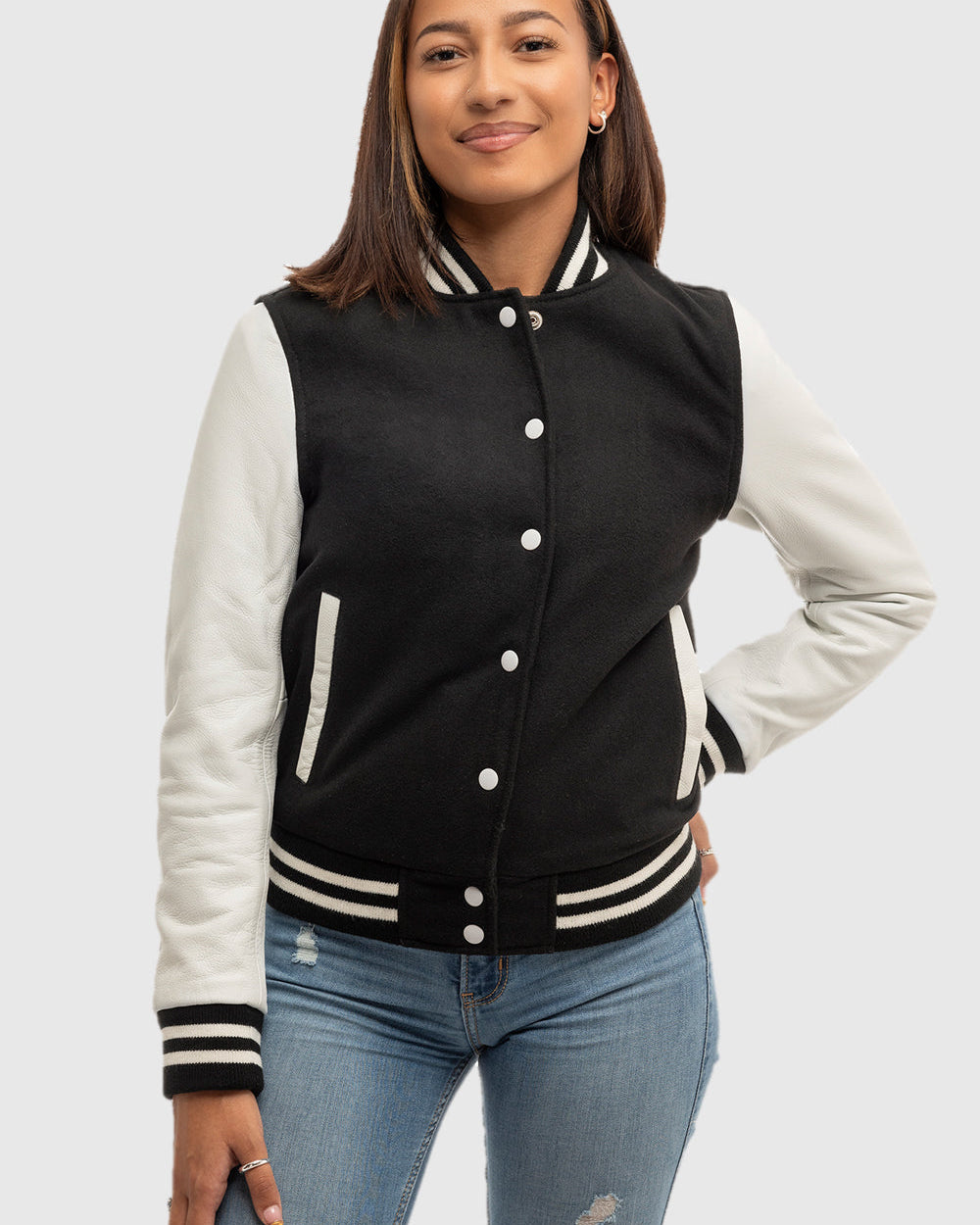 Sarah - Women's Varsity Jacket - White Leather Sleeves 5XL First Manufacturing Company