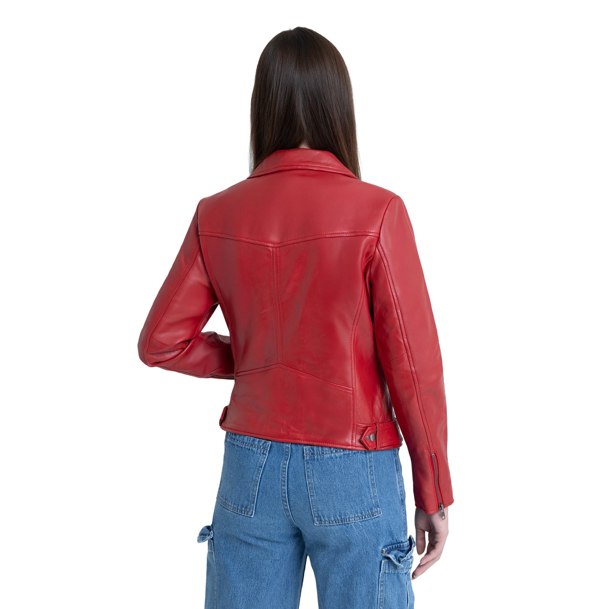 Adeline WBL1384 Fire Red Women's MC Style Leather Jacket Back