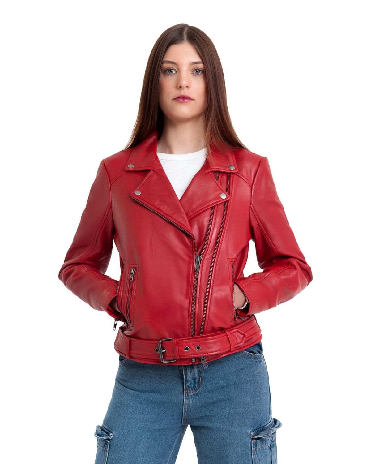 Adeline WBL1384 Fire Red Women's MC Style Leather Jacket Front