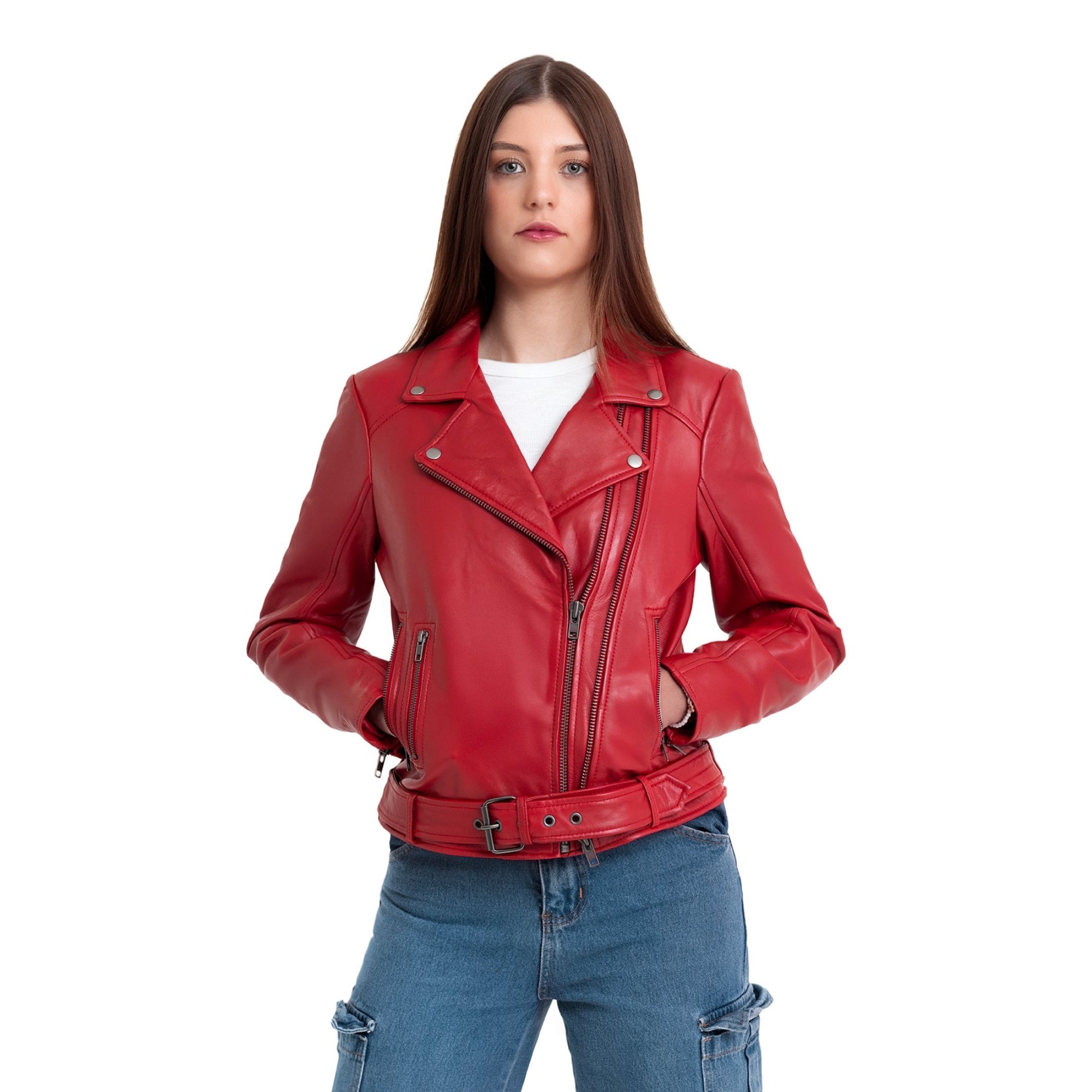 Adeline WBL1384 Fire Red Women's MC Style Leather Jacket Front