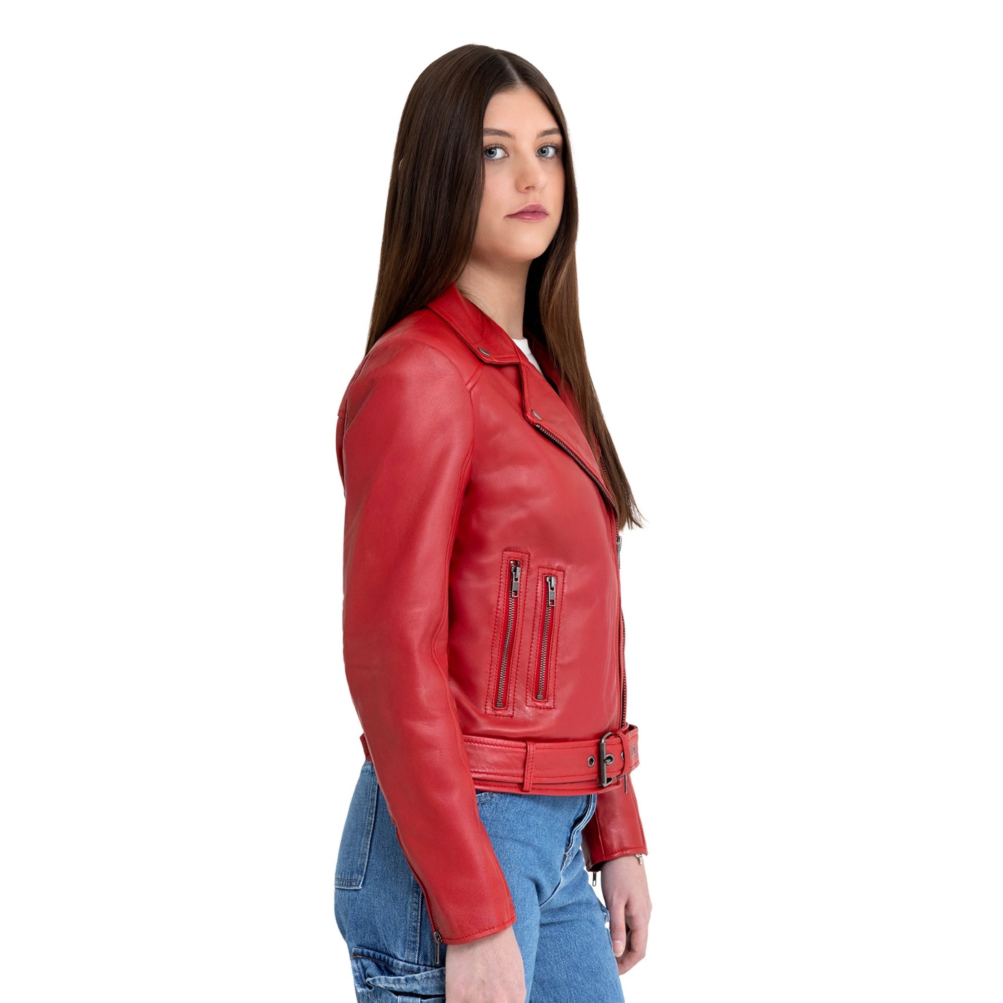 Adeline WBL1384 Fire Red Women's MC Style Leather Jacket Side