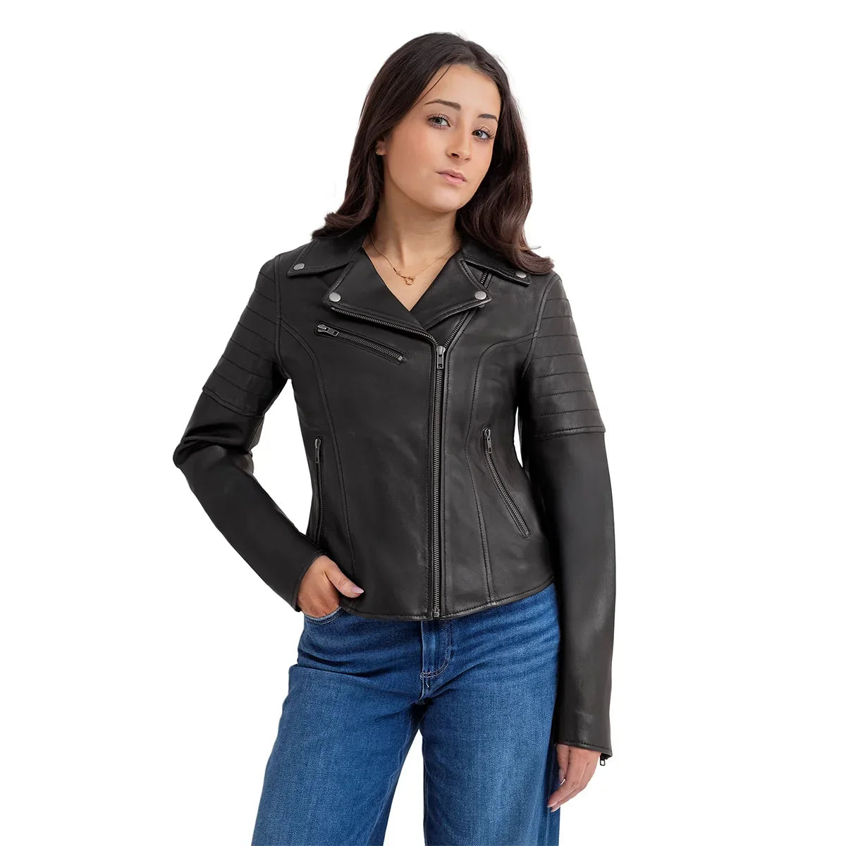 Elizabeth Women's Fashion Moto Leather Jacket FMCo Black XS