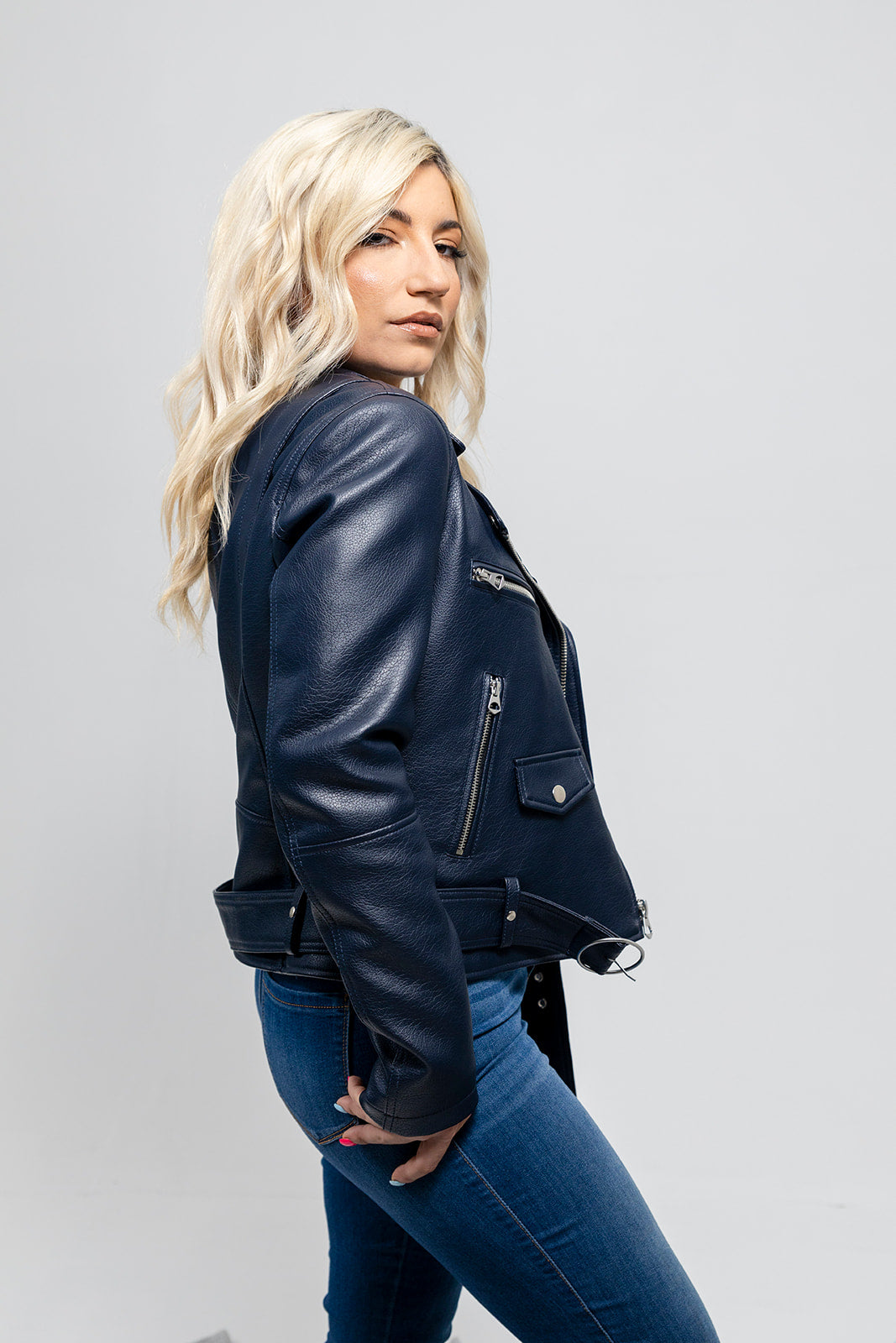 Remy Women's Vegan Faux Leather Jacket (Navy Blue) Women's Vegan Faux Leather Jacket Whet Blu NYC