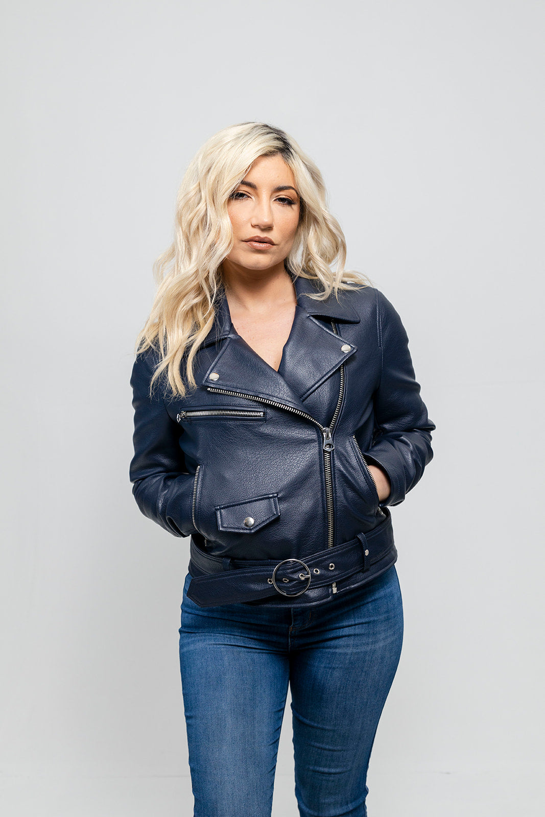 Remy Women's Vegan Faux Leather Jacket (Navy Blue) Navy Blue Women's Vegan Faux Leather Jacket Whet Blu NYC
