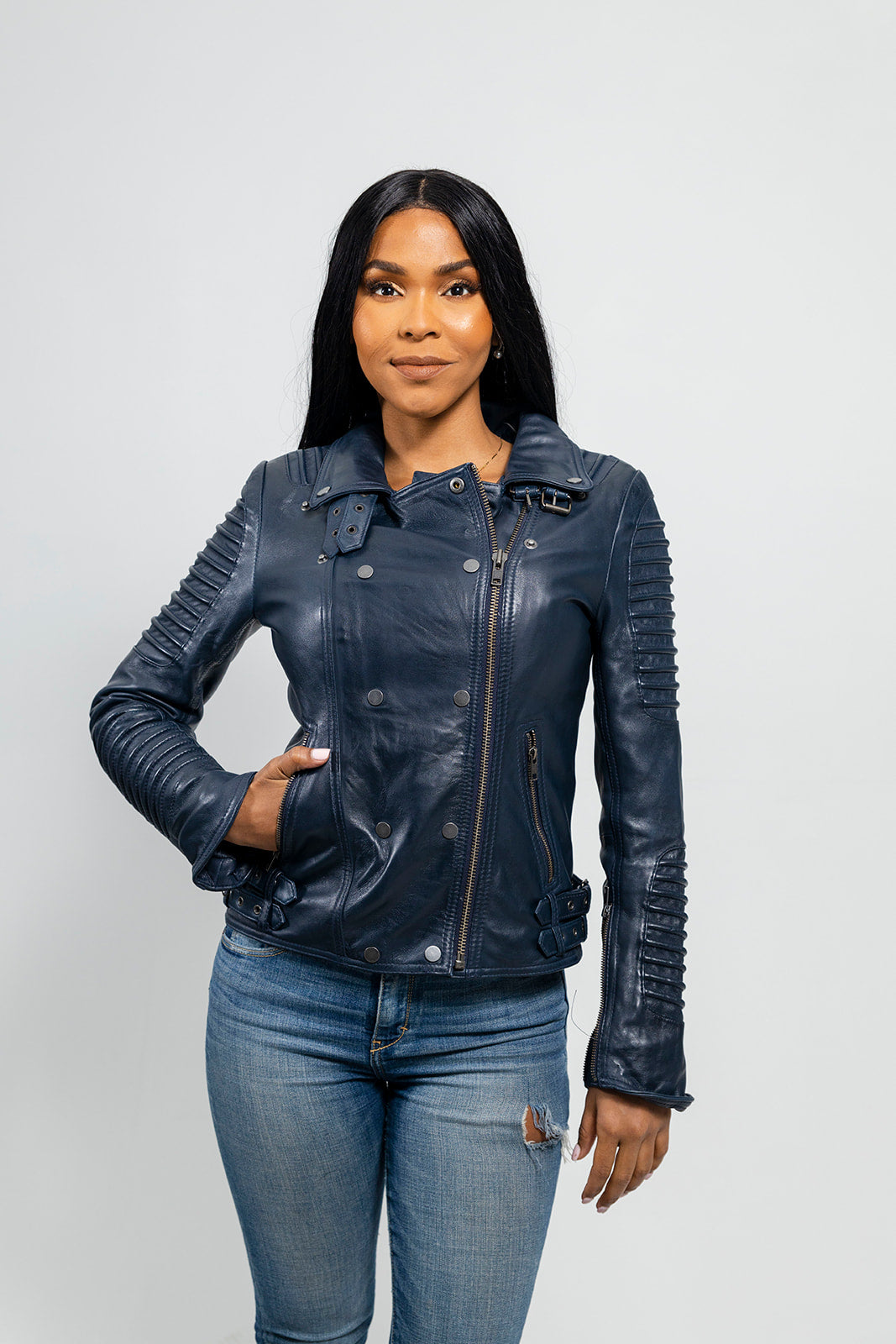 Queens Womens Fashion Leather Jacket Navy Blue Women's Fashion Moto Leather Jacket Whet Blu NYC