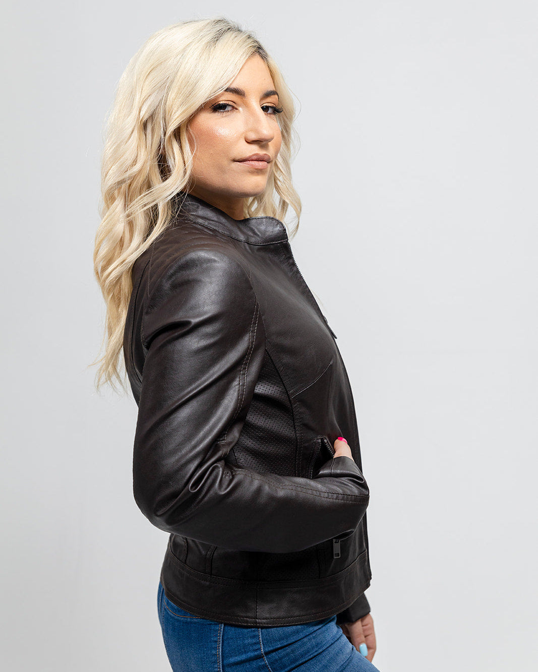 Beverly Women's Vegan Faux Leather/Perforated Jacket Women's Vegan Faux Leather Jacket Whet Blu NYC