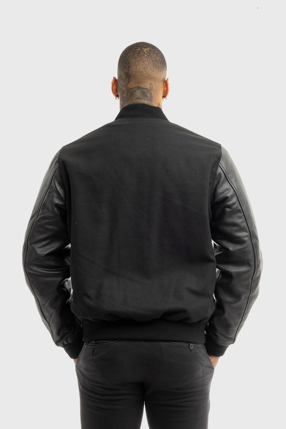 Varsity Black Wool Body/Black Leather Sleeves Men's Varsity Bomber Jacker