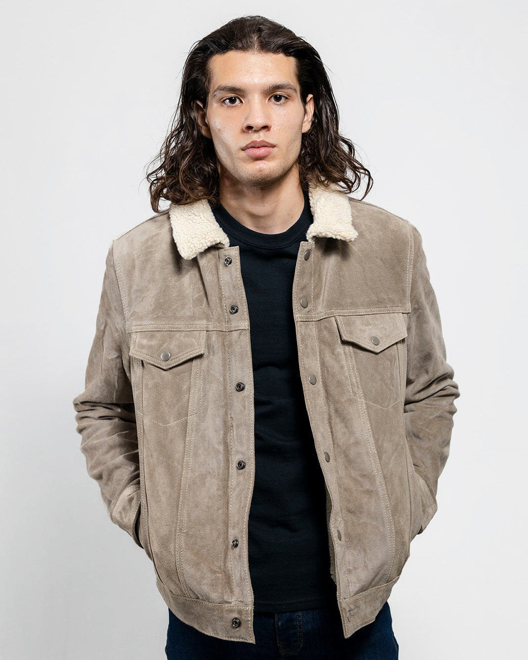 Luke Men's Faux Shearling Cow Suede Jacket Taupe Men's Leather Jacket Whet Blu NYC