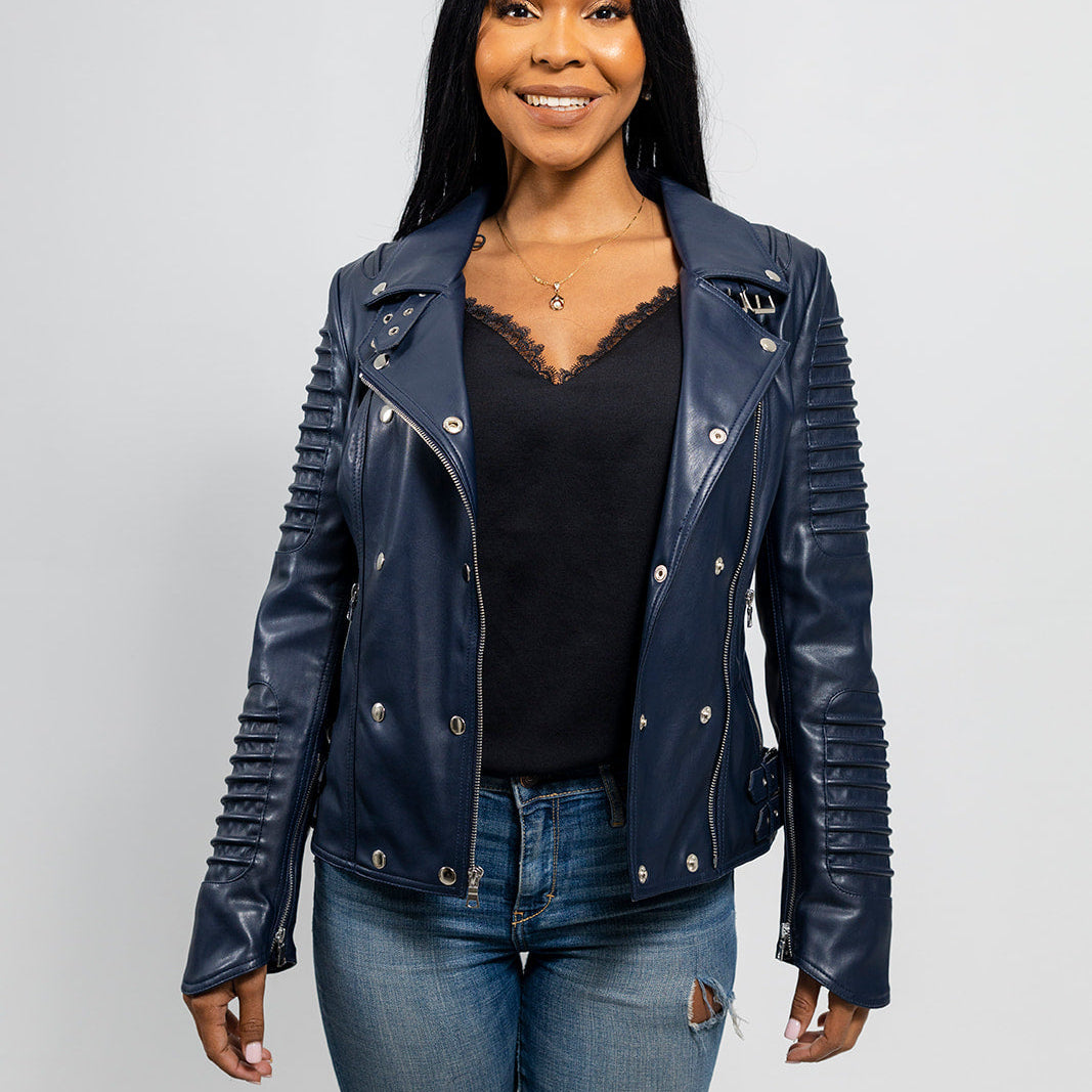 Paris Women's Vegan Faux Leather Jacket Navy Blue Women's Vegan Faux Leather Jacket Whet Blu NYC