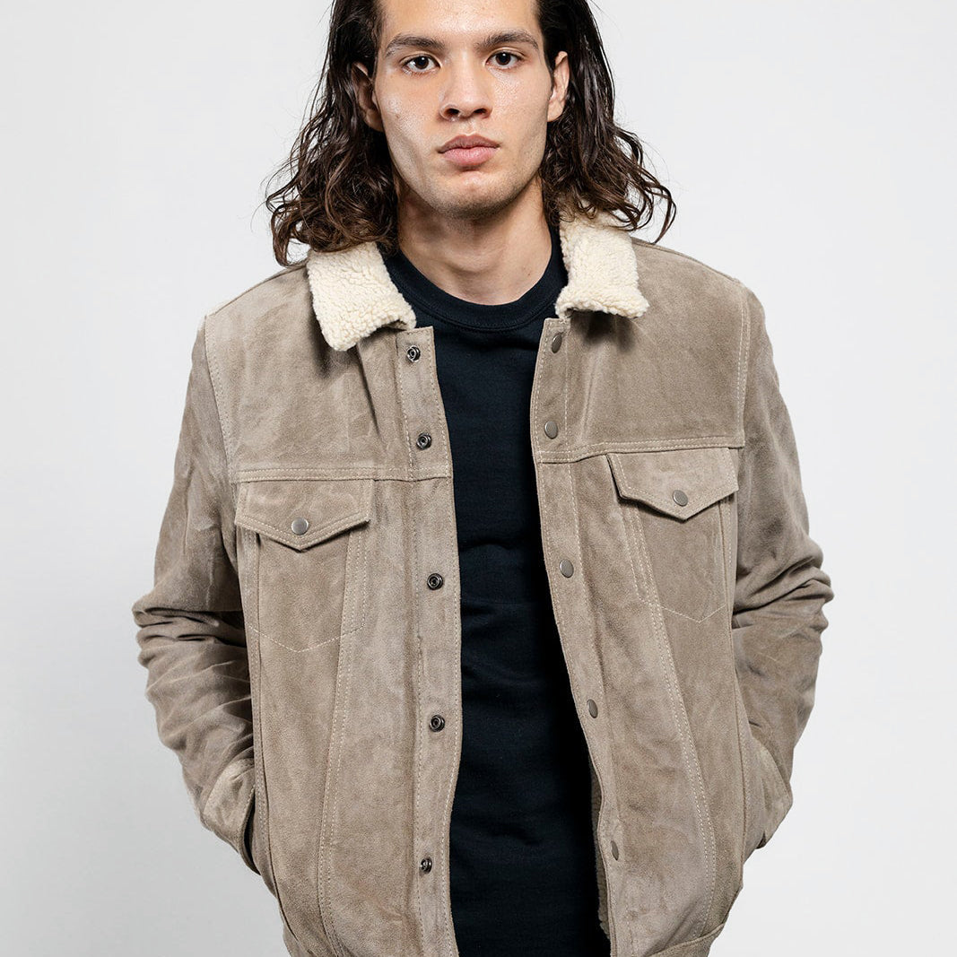 Luke Men's Faux Shearling Cow Suede Jacket Taupe Men's Leather Jacket Whet Blu NYC