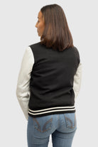 Sarah - Women's Varsity Jacket - White Leather Sleeves First Manufacturing Company