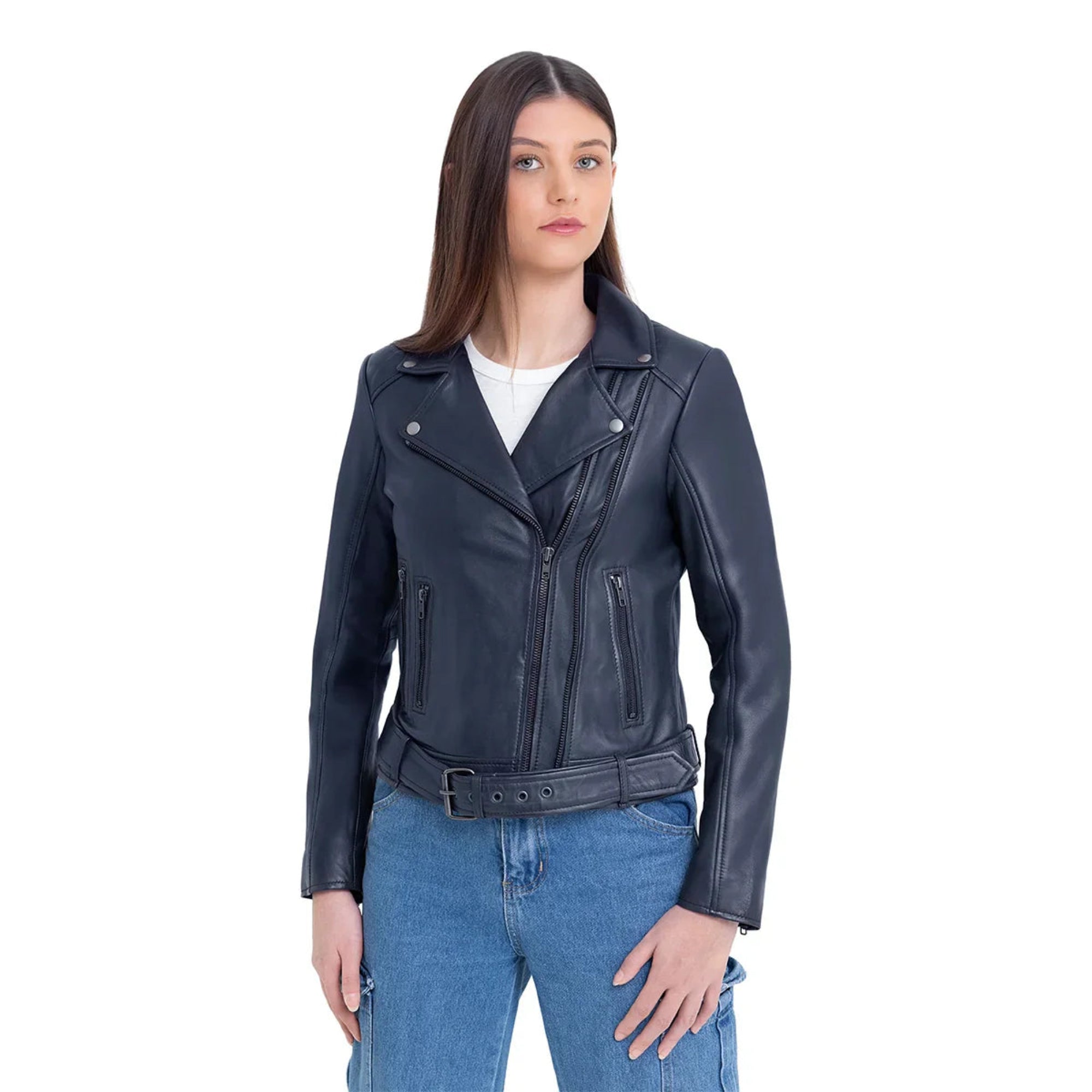 Adeline Women's Leather Jacket FMCo NY Navy Blue XS