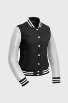 Sarah - Women's Varsity Jacket - White Leather Sleeves First Manufacturing Company