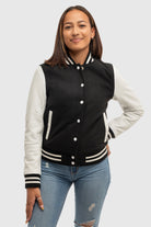 Sarah - Women's Varsity Jacket - White Leather Sleeves 5XL First Manufacturing Company