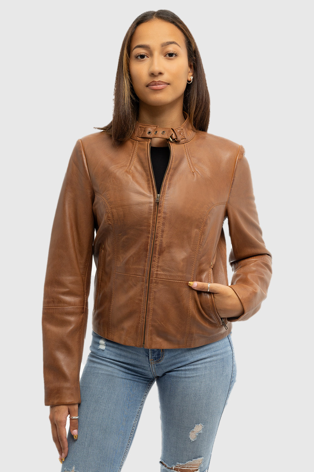 Rexie Womens Fashion Leather Jacket Dark Cognac Women's Leather Jacket Whet Blu NYC