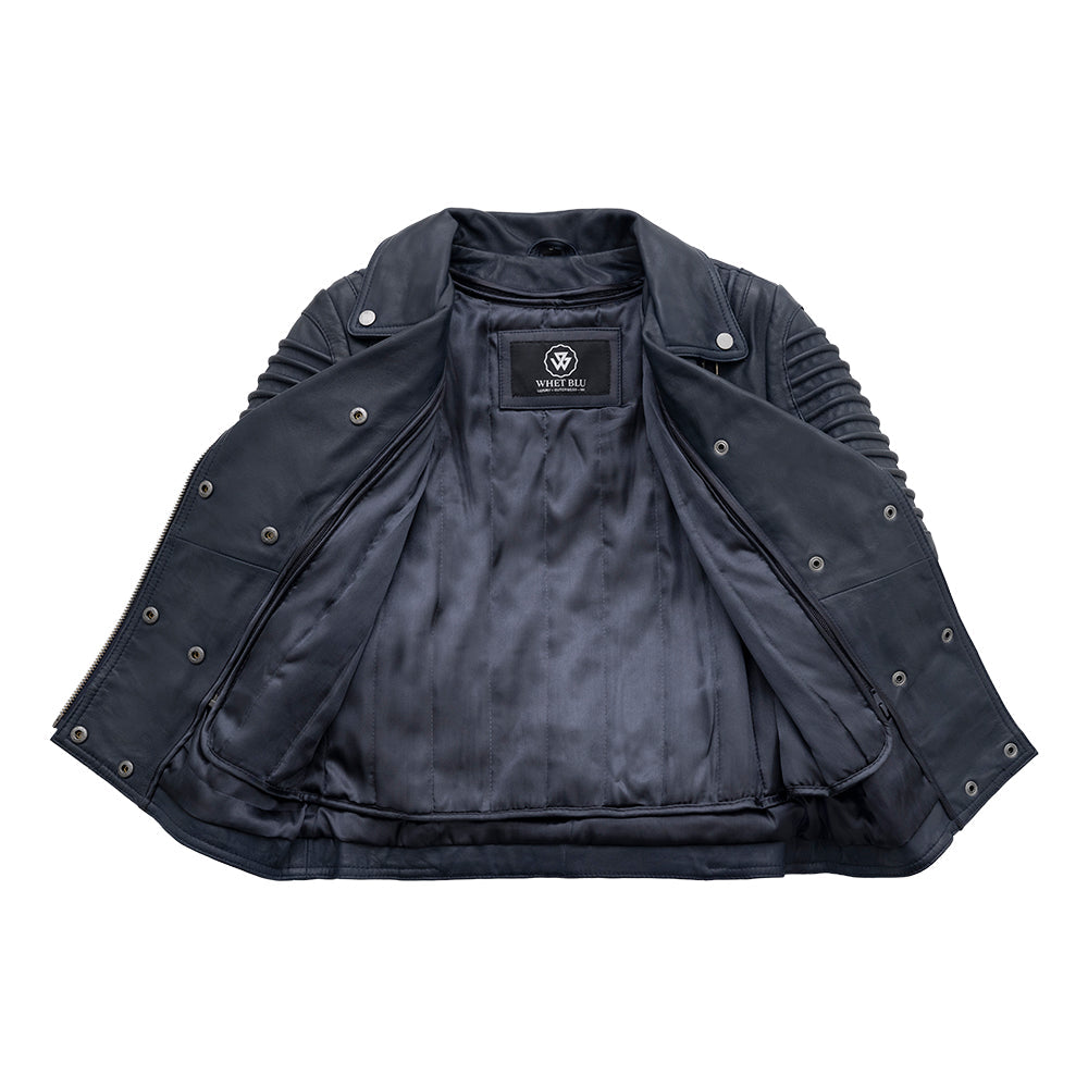 Queens Womens Fashion Leather Jacket Navy Blue Women's Fashion Moto Leather Jacket Whet Blu NYC