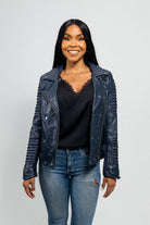 Queens Womens Fashion Leather Jacket Navy Blue Women's Fashion Moto Leather Jacket Whet Blu NYC
