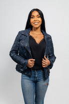 Queens Womens Fashion Leather Jacket Navy Blue Women's Fashion Moto Leather Jacket Whet Blu NYC