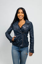 Queens Womens Fashion Leather Jacket Navy Blue Women's Fashion Moto Leather Jacket Whet Blu NYC