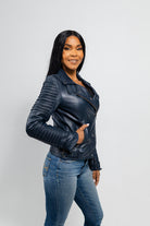 Queens Womens Fashion Leather Jacket Navy Blue Women's Fashion Moto Leather Jacket Whet Blu NYC