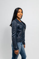 Queens Womens Fashion Leather Jacket Navy Blue Women's Fashion Moto Leather Jacket Whet Blu NYC
