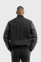 Varsity Black Wool Body/Black Leather Sleeves Men's Varsity Bomber Jacker 