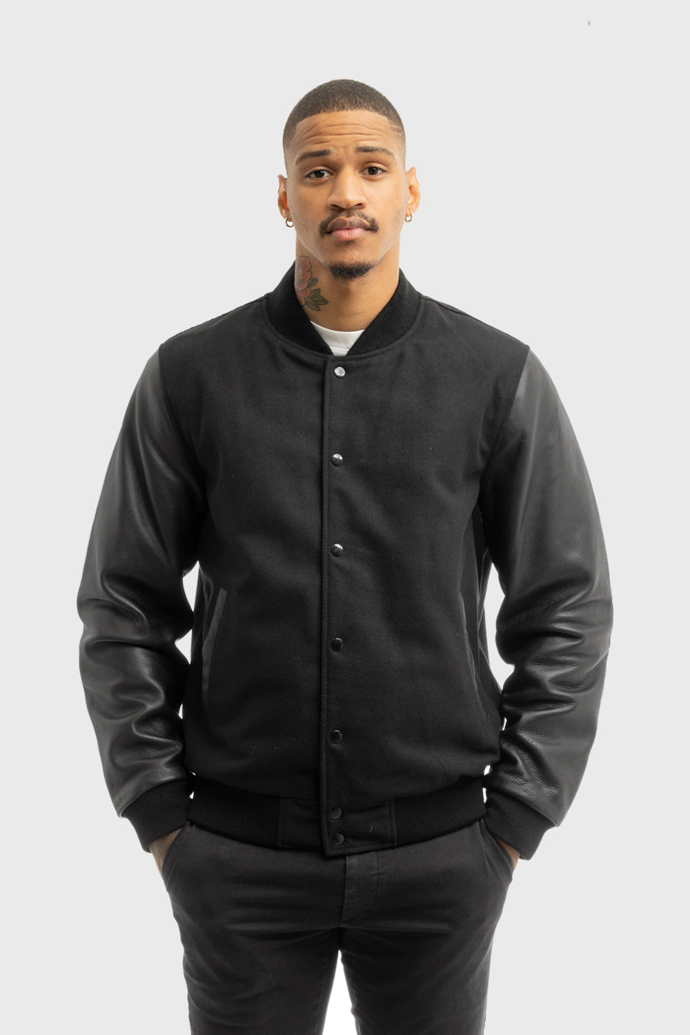 Varsity Black Wool Body/Black Leather Sleeves Men's Varsity Bomber Jacker Whet Blu NYC