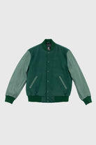 Varsity Green Wool Body/Green Leather Sleeves Men's Varsity Bomber Jacker Whet Blu NYC